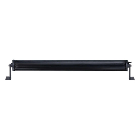 Rear view of a curved LED light bar with finned housing and end brackets