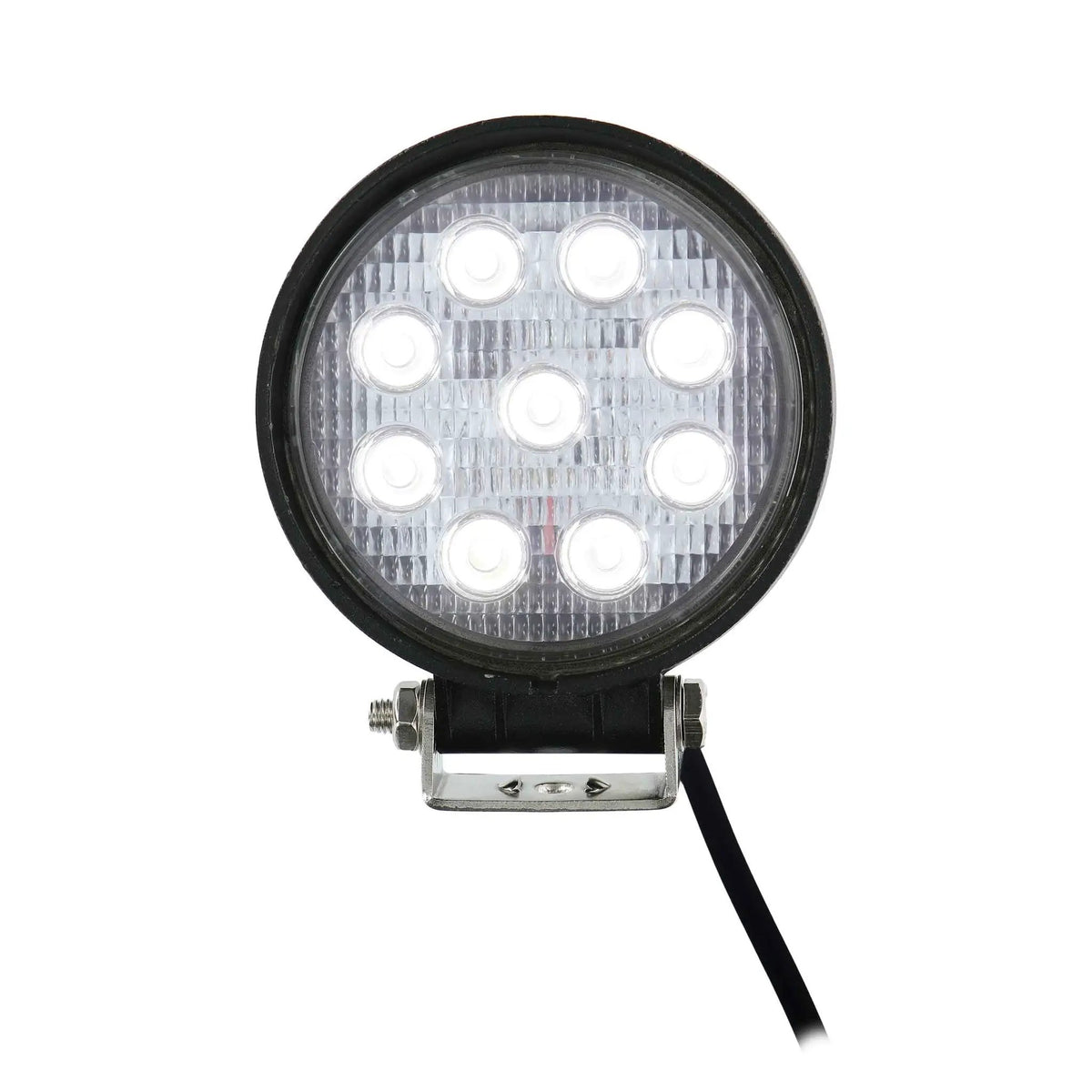Front of one Daytona Lights DL-DL4R round driving light with nine LEDs illuminated white