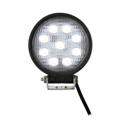 Front of one Daytona Lights DL-DL4R round driving light with nine LEDs illuminated white