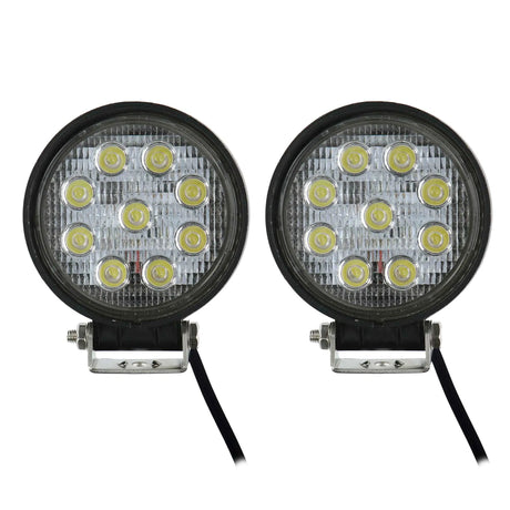 Front view of two unlit round nine-LED lamps with mounting brackets and leads