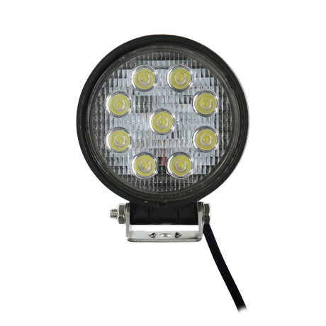 Front of one Daytona Lights DL-DL4R round driving light showing nine unlit LEDs and its mounting bracket