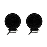 Rear view of two round LED lamps with finned housings, brackets and power leads