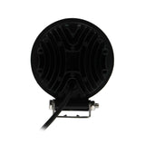 Rear view of a round LED lamp with finned housing, mounting bracket and power lead