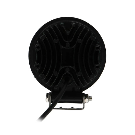 Rear view of a round LED lamp with finned housing, mounting bracket and power lead