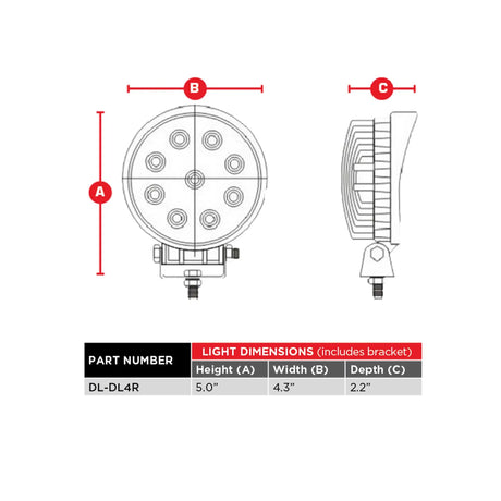 DL-DL4R round driving-light drawing showing 5-inch overall height, 4.3-inch width and 2.2-inch depth