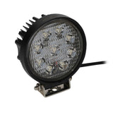 Angled front view of an unlit round nine-LED lamp with bracket and power lead