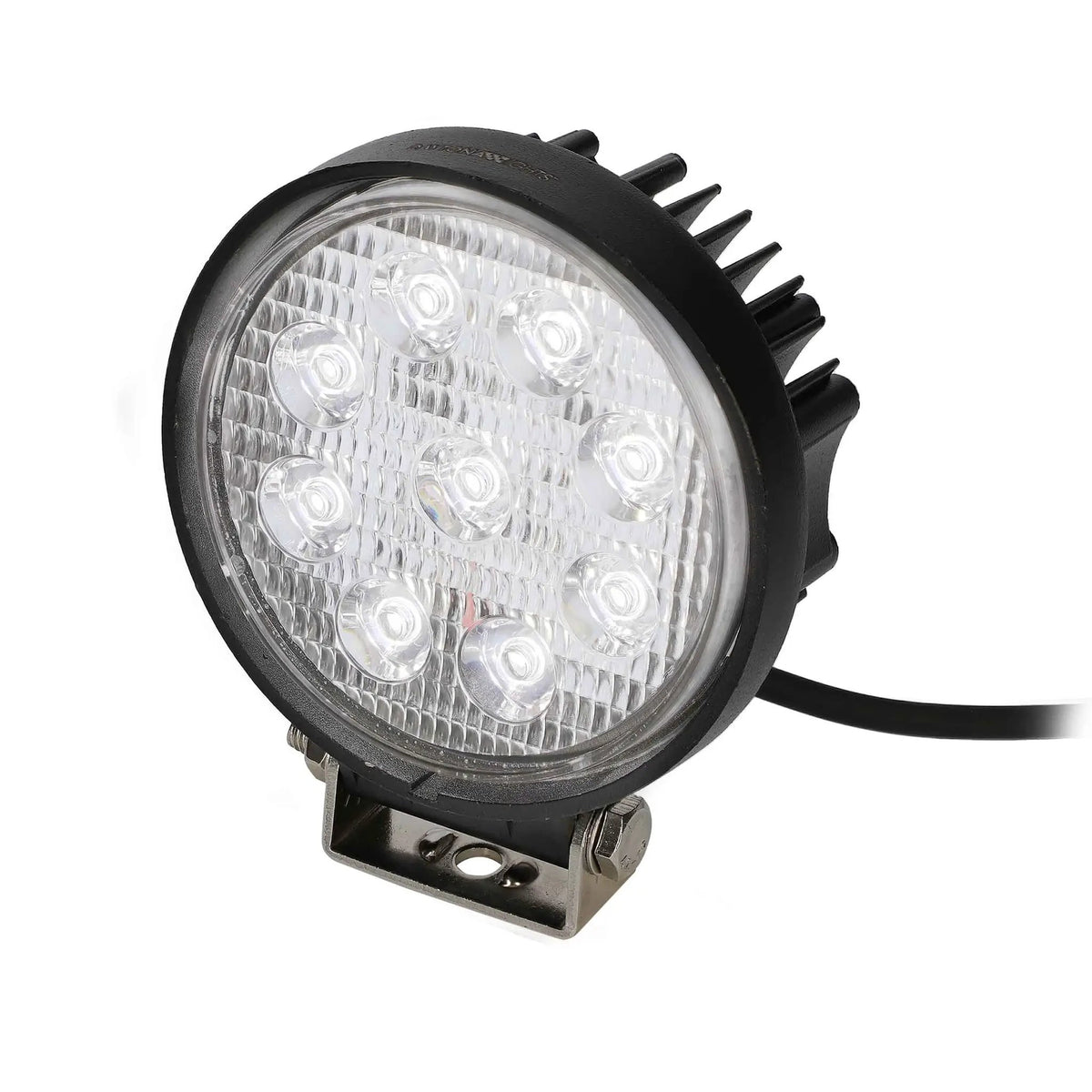 Single round Daytona driving light close-up showing nine LED lenses, cooling fins and a mounting bracket