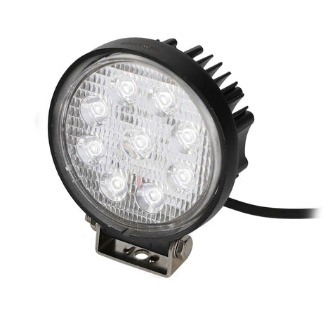 Single round Daytona driving light close-up showing nine LED lenses, cooling fins and a mounting bracket