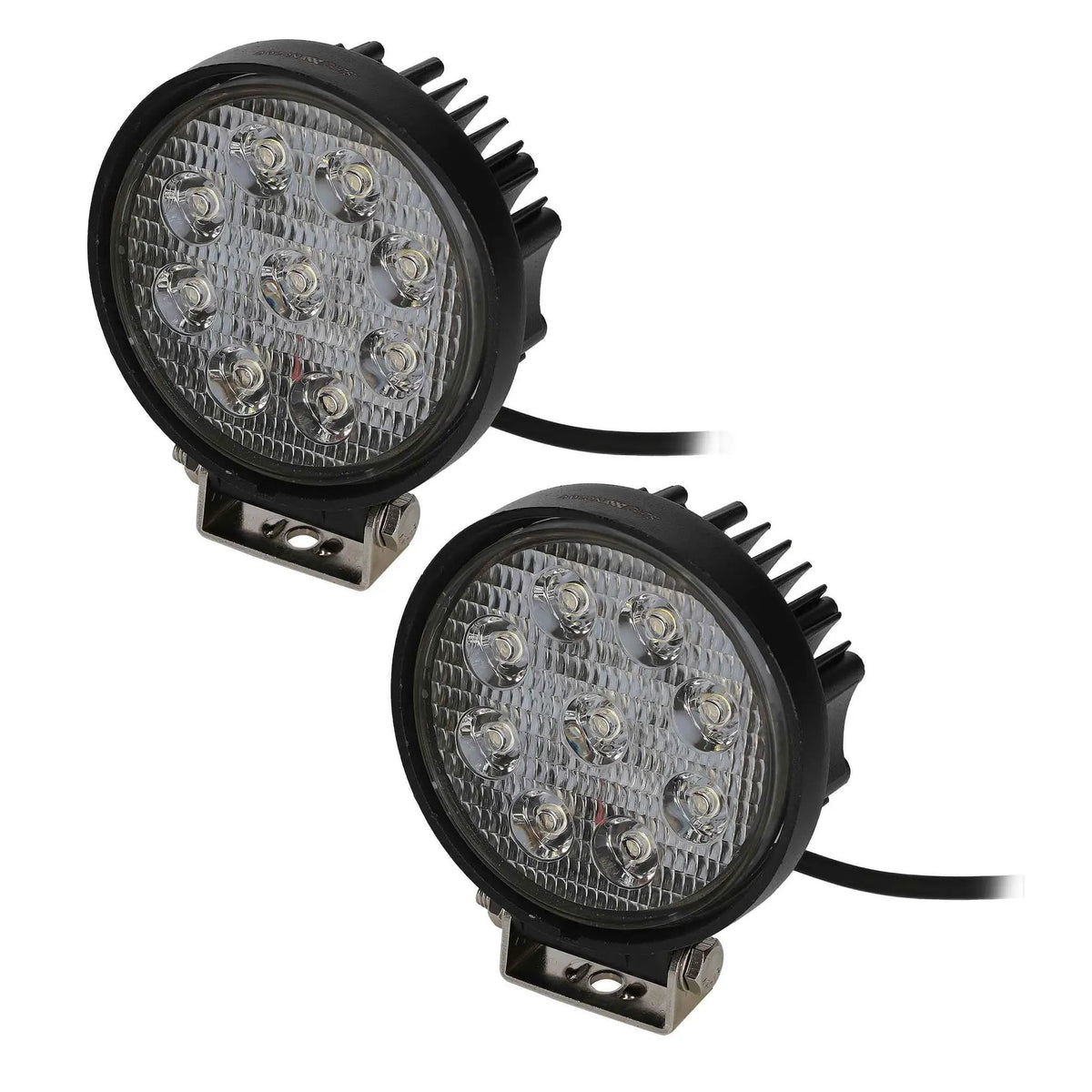 Pair of round LED driving lights with unlit lenses, finned housings and mounting brackets