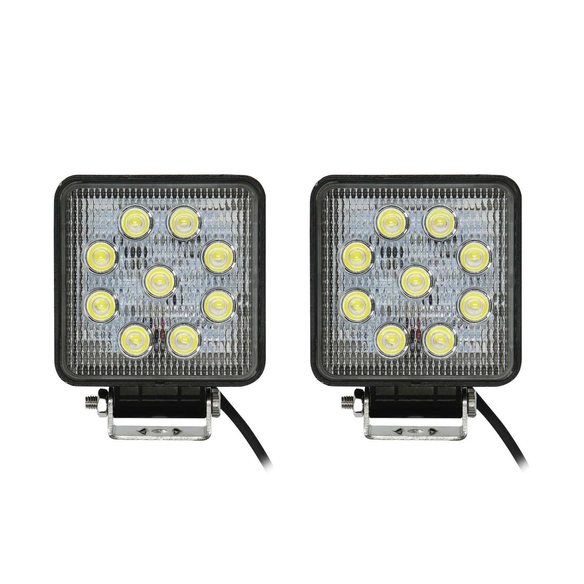 Front view of two unlit square nine-LED lamps with mounting brackets and leads