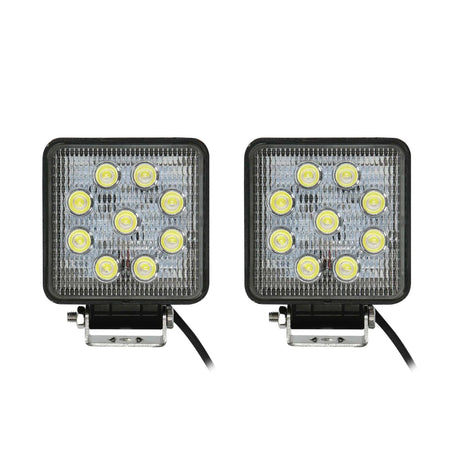 Front view of two unlit square nine-LED lamps with mounting brackets and leads