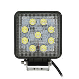 Front view of a square driving light with nine LEDs and an adjustable mounting bracket