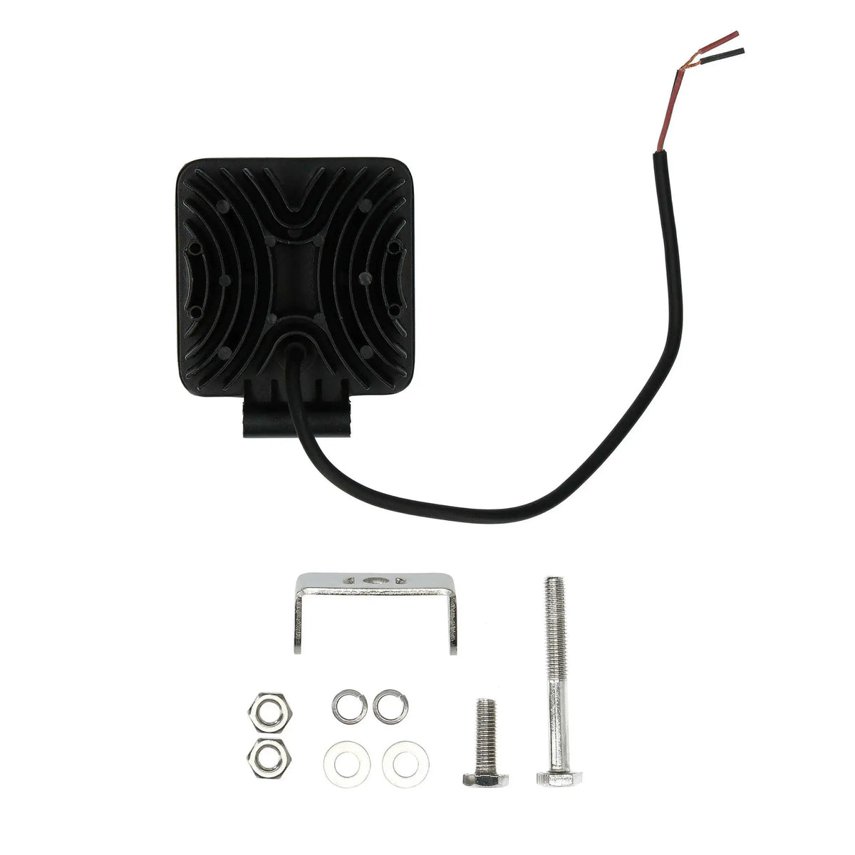 Rear of a square driving light with its cable and mounting hardware laid out beside it