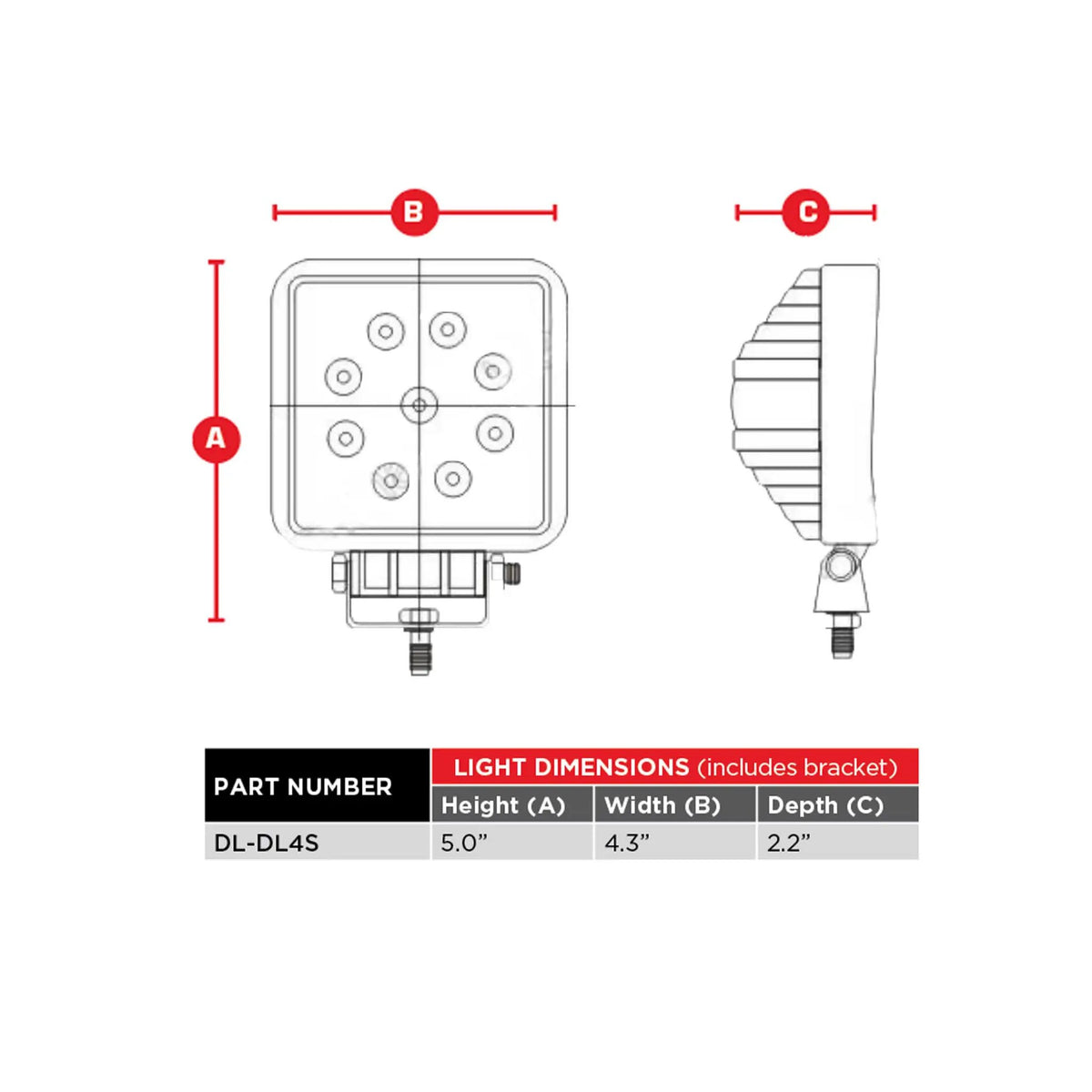 DL-DL4S square driving-light drawing showing 5-inch overall height, 4.3-inch width and 2.2-inch depth
