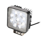 Angled front view of an illuminated square nine-LED lamp