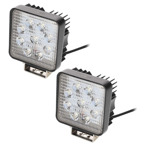 Pair of square nine-LED lamps with cooling fins and metal mounting brackets