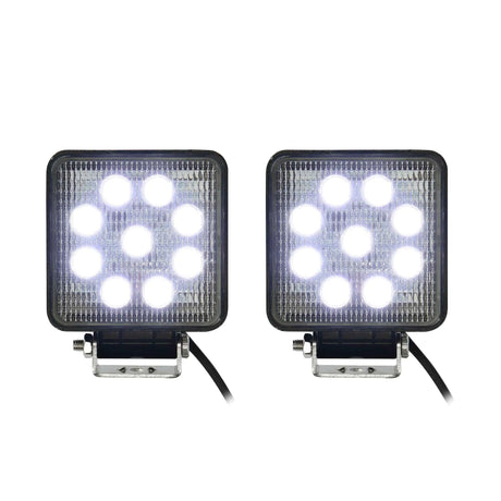 Two square driving lights illuminated white, showing nine LEDs in each light