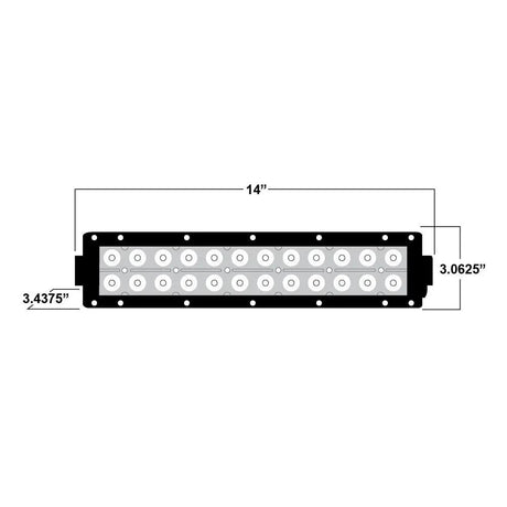 Daytona dual-row light bar dimension drawing showing 14-inch length, 3.0625-inch height and 3.4375-inch depth