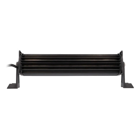 Rear view of a straight black light bar with cooling fins and end mounting feet
