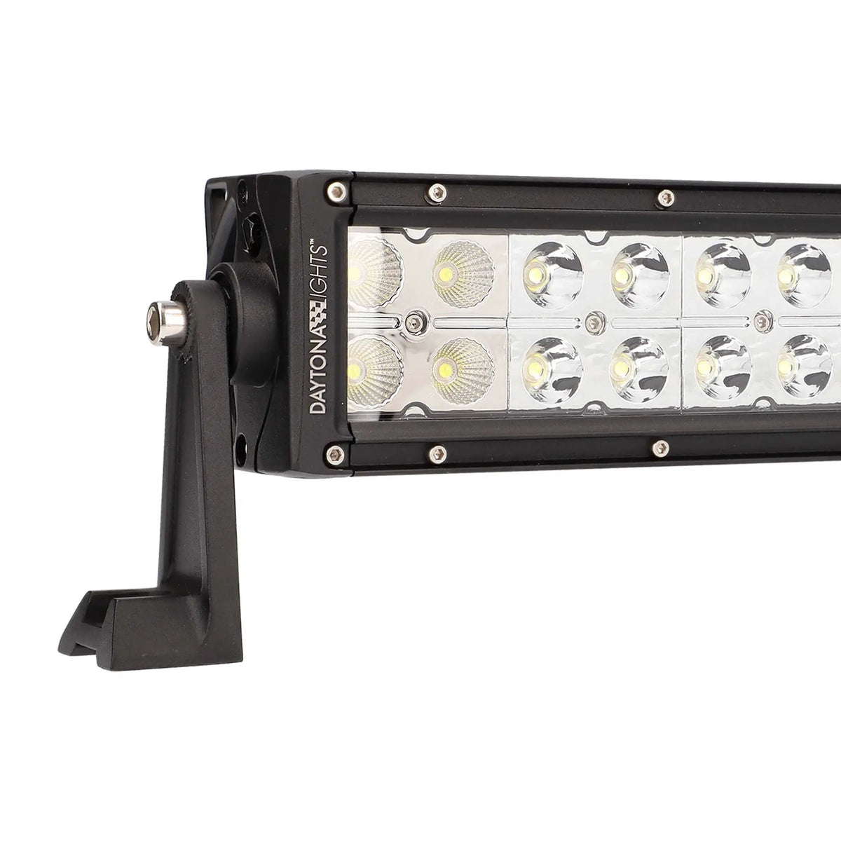 Close-up of two rows of LED reflectors and a Daytona Lights end mounting bracket