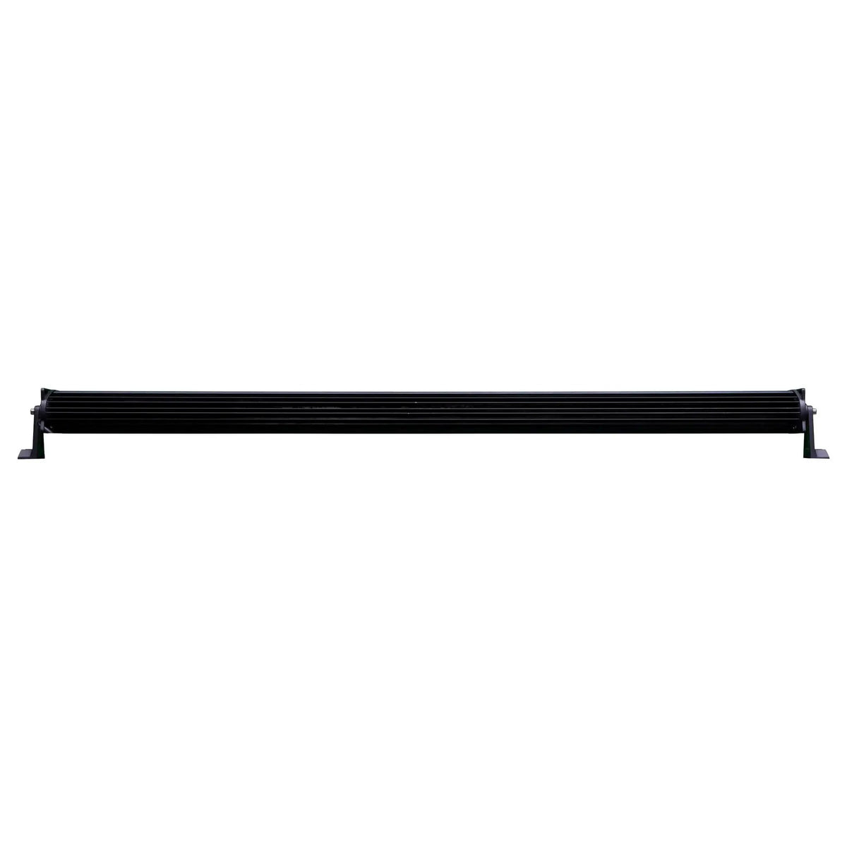 Rear view of a straight LED light bar with finned housing and end brackets