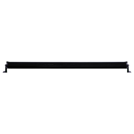 Rear view of a straight LED light bar with finned housing and end brackets