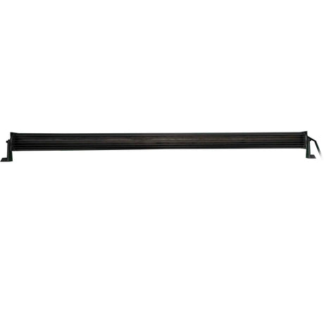 Rear view of a long black light bar with cooling fins, end mounting feet and a cable at the right
