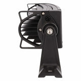End view of a black curved light bar showing its finned housing, end cap and mounting bracket