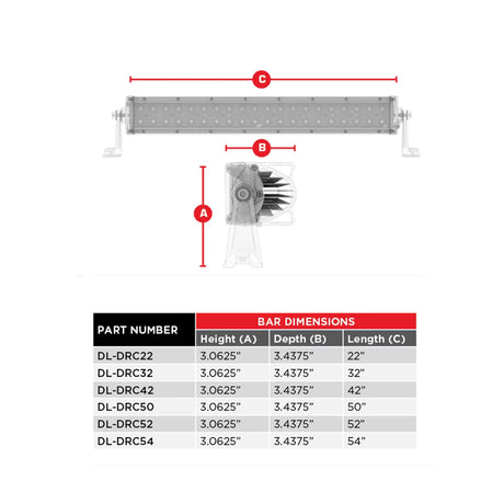 DL-DRC light-bar dimension chart comparing 22- to 54-inch lengths with 3.0625-inch height and 3.4375-inch depth