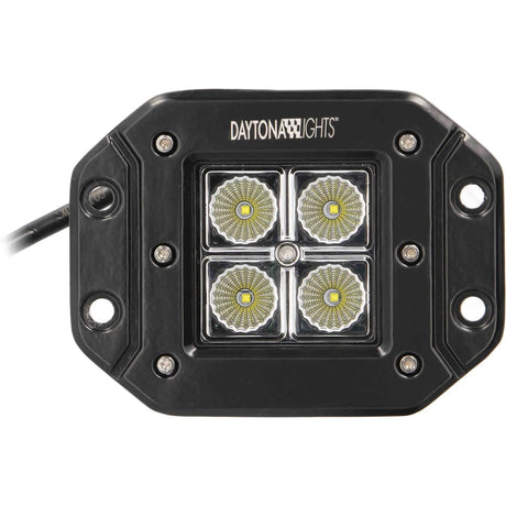 Front of one Daytona Lights flush-mount light with four LEDs and four flange mounting holes