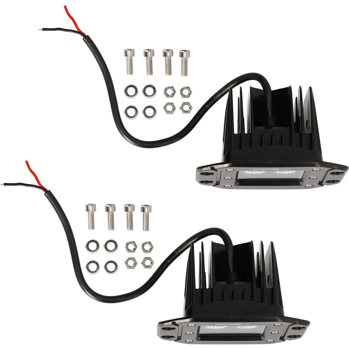 Rear view of two flush-mount LED lamps with finned housings, cables, bolts, washers and nuts
