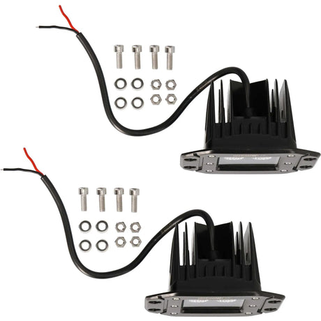 Rear view of two flush-mount LED lamps with finned housings, cables, bolts, washers and nuts