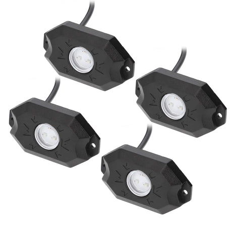 Four black LED rock-light pods with attached leads