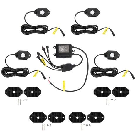 Four-pod rock-light kit with controller, wiring, mounting pads, screws and washers