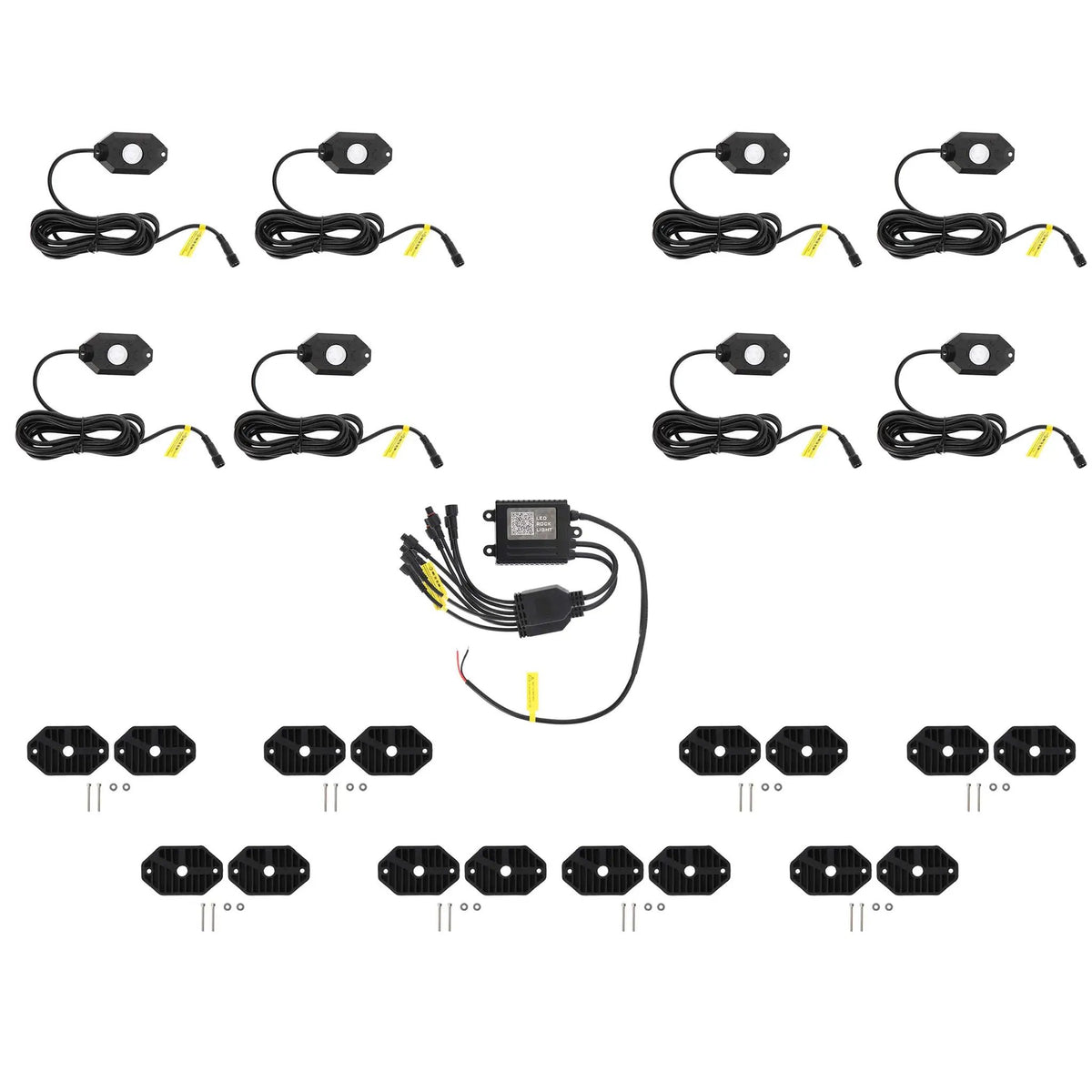 Eight-pod rock-light kit with controller, wiring, mounting pads, bolts and washers