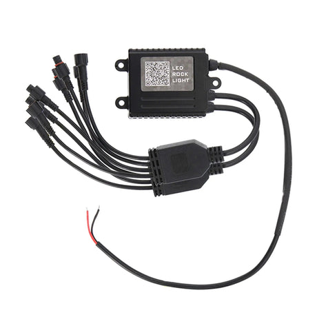 LED rock-light controller with eight output connectors and power leads
