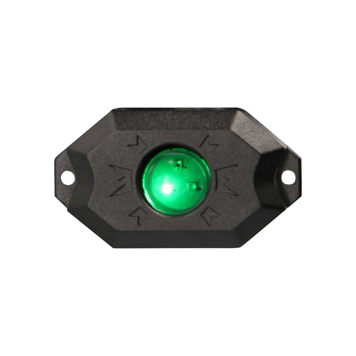 Close-up of one Daytona Lights rock-light pod illuminated green, with two mounting holes