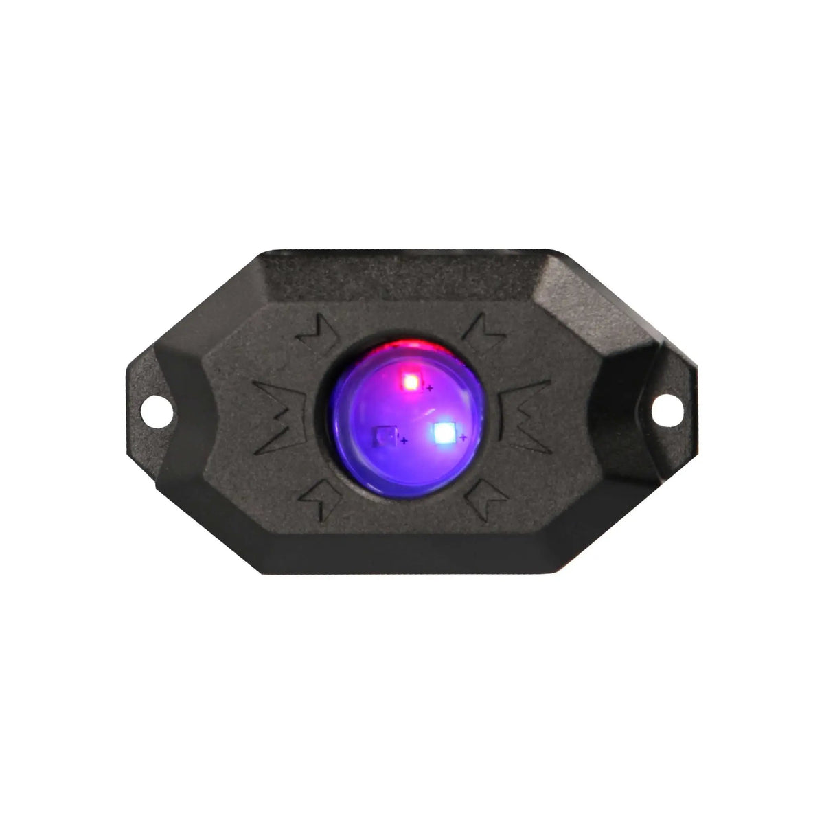 Black rock-light pod illuminated blue and purple, viewed from the front