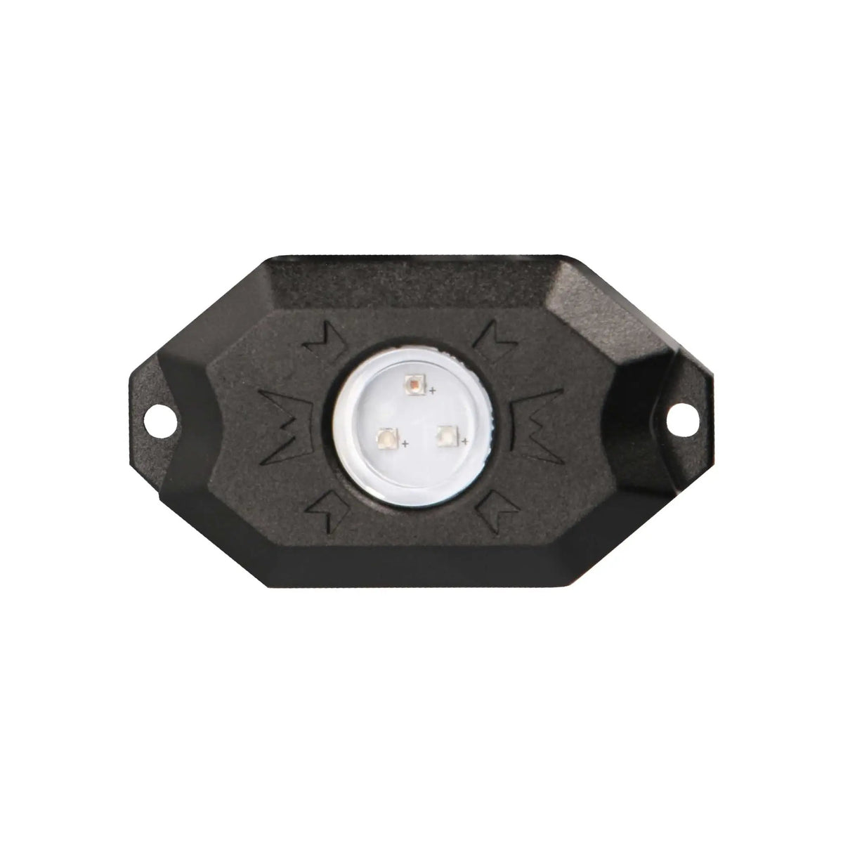 Front view of a black rock-light pod with three LEDs and mounting holes