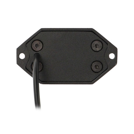 Rear view of a black rock-light pod with screws and an attached lead