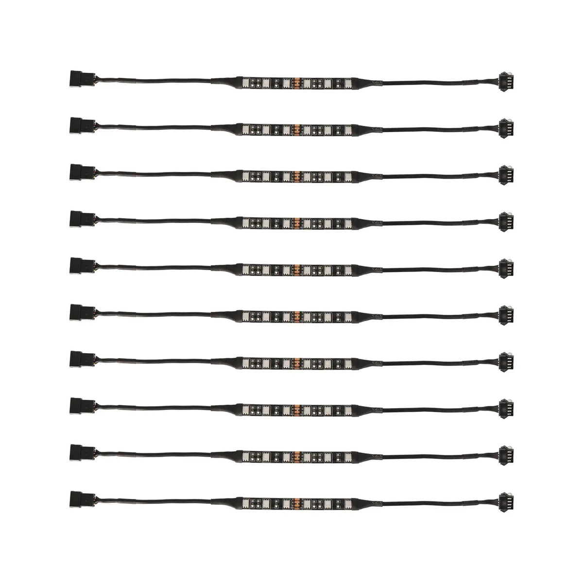 Ten LED accent light strips laid out with their attached connector leads
