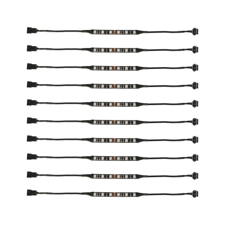 Ten LED accent light strips laid out with their attached connector leads
