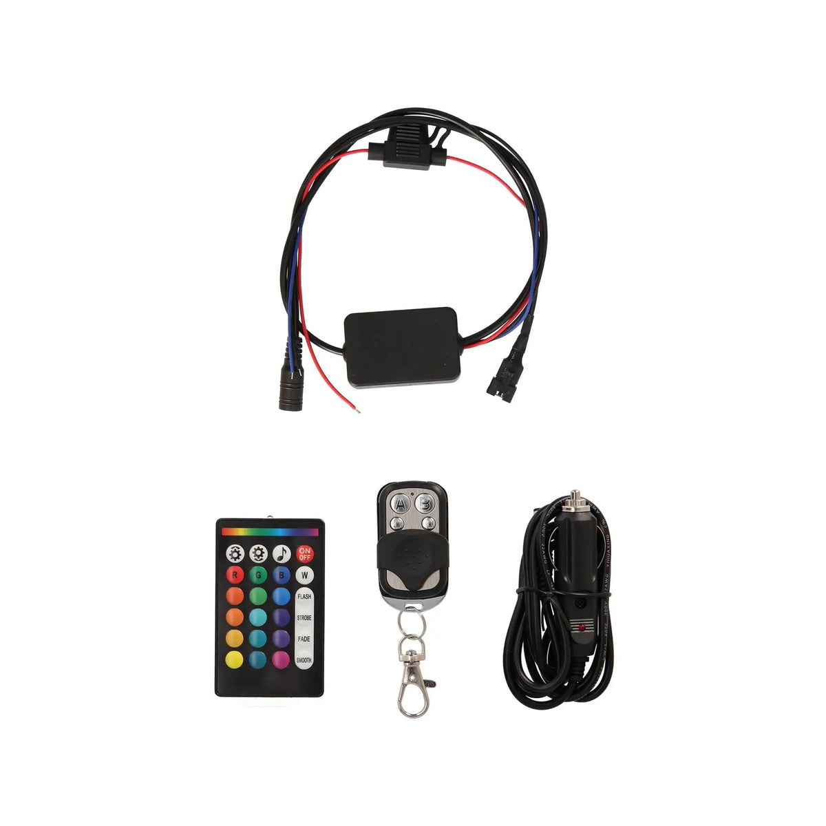 LED-lighting controller and wiring with multicolor remote, key-fob remote and accessory lead