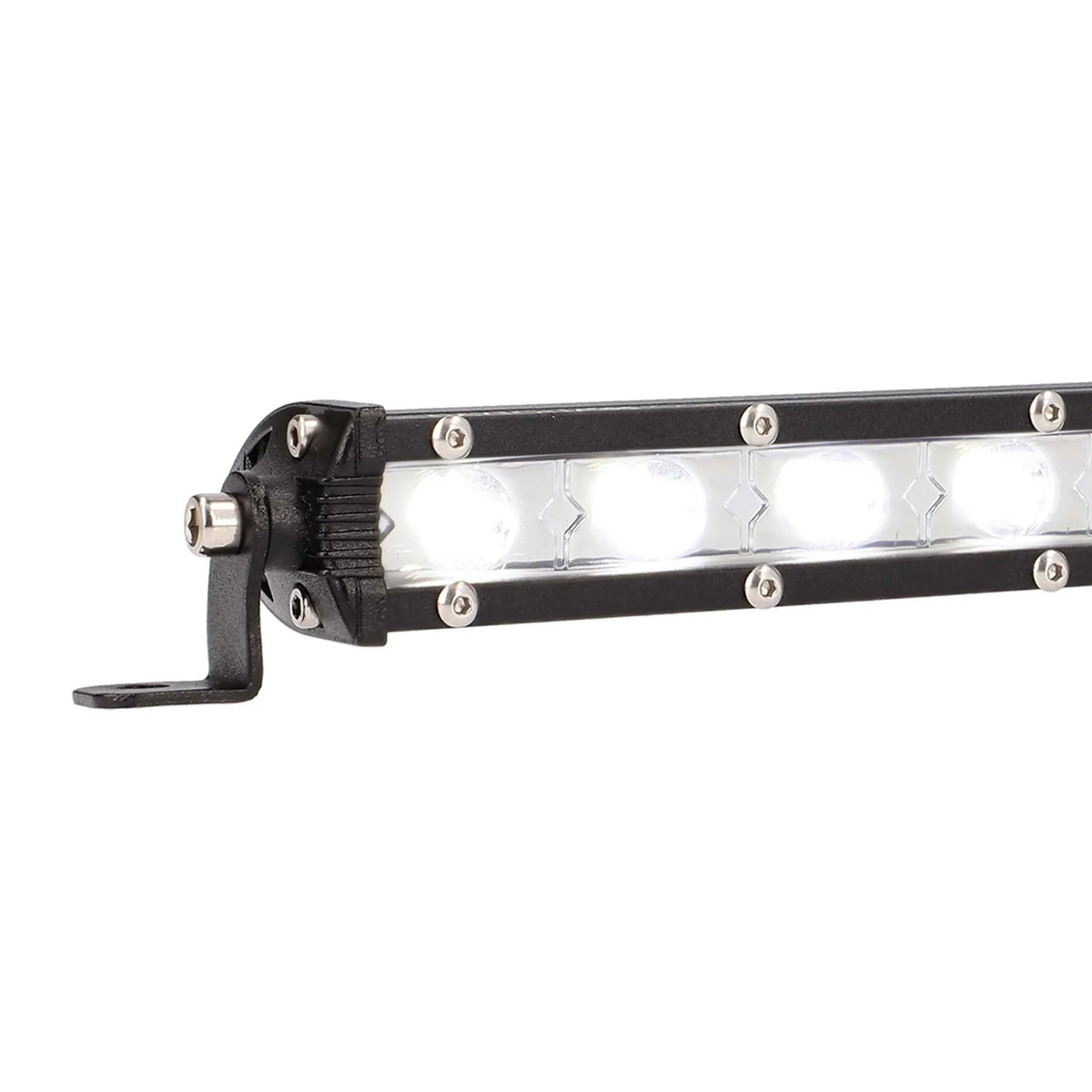 Close-up of an illuminated single-row LED light bar and its end mounting foot