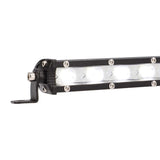 Close-up of an illuminated single-row LED light bar and its end mounting foot
