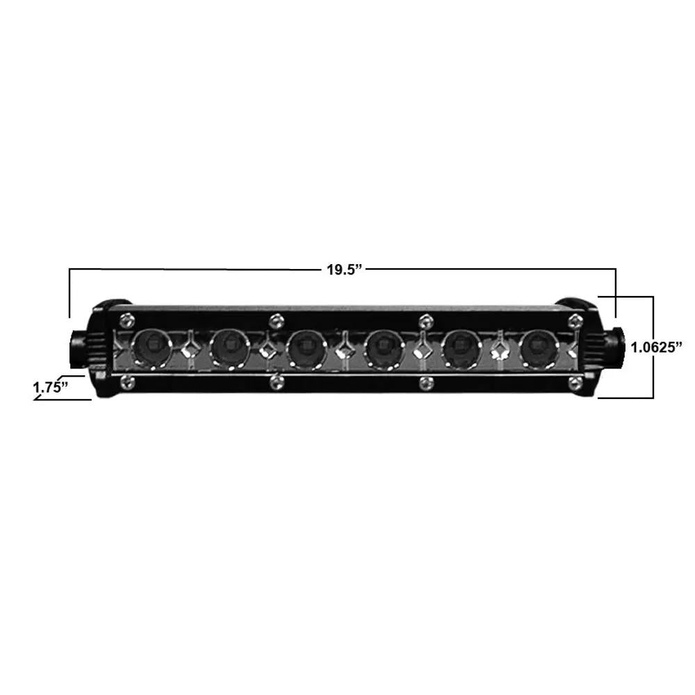 Slim LED light-bar drawing showing a 19.5-inch length, 1.0625-inch height and 1.75-inch depth