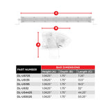 DL-US light-bar dimension chart comparing 7.25- to 50.25-inch lengths with 1.0625-inch height and 1.75-inch depth