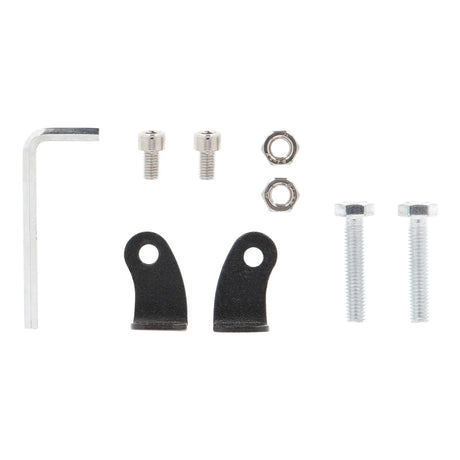 Light-bar mounting hardware with two black brackets, bolts, nuts and an Allen key