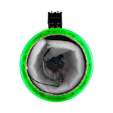 Front view of an empty DS18 speaker pod with green accent ring and padded interior