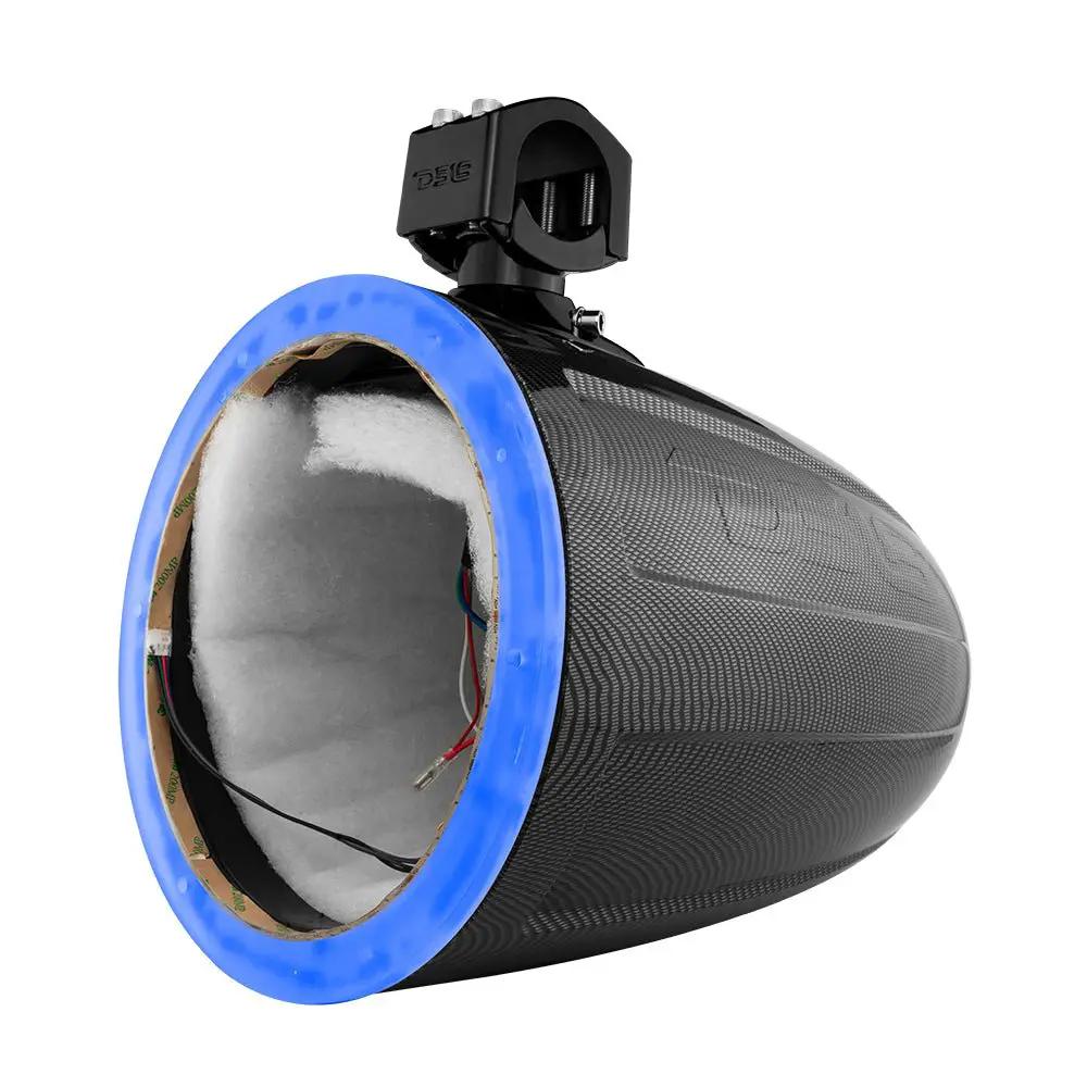 DS18 unloaded tower speaker pod with a carbon-pattern finish, blue front ring and mounting clamp